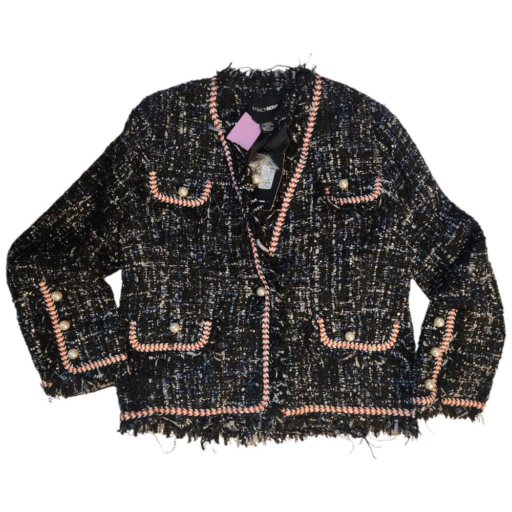 NWT Fashion Nova Size M Take My Hand Tweed Pearl Jacket Blazer Black Embellished